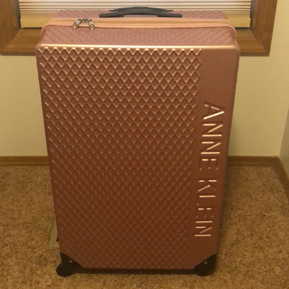 Large Anne Klein Metallic Pink Hard Shell Suitcase